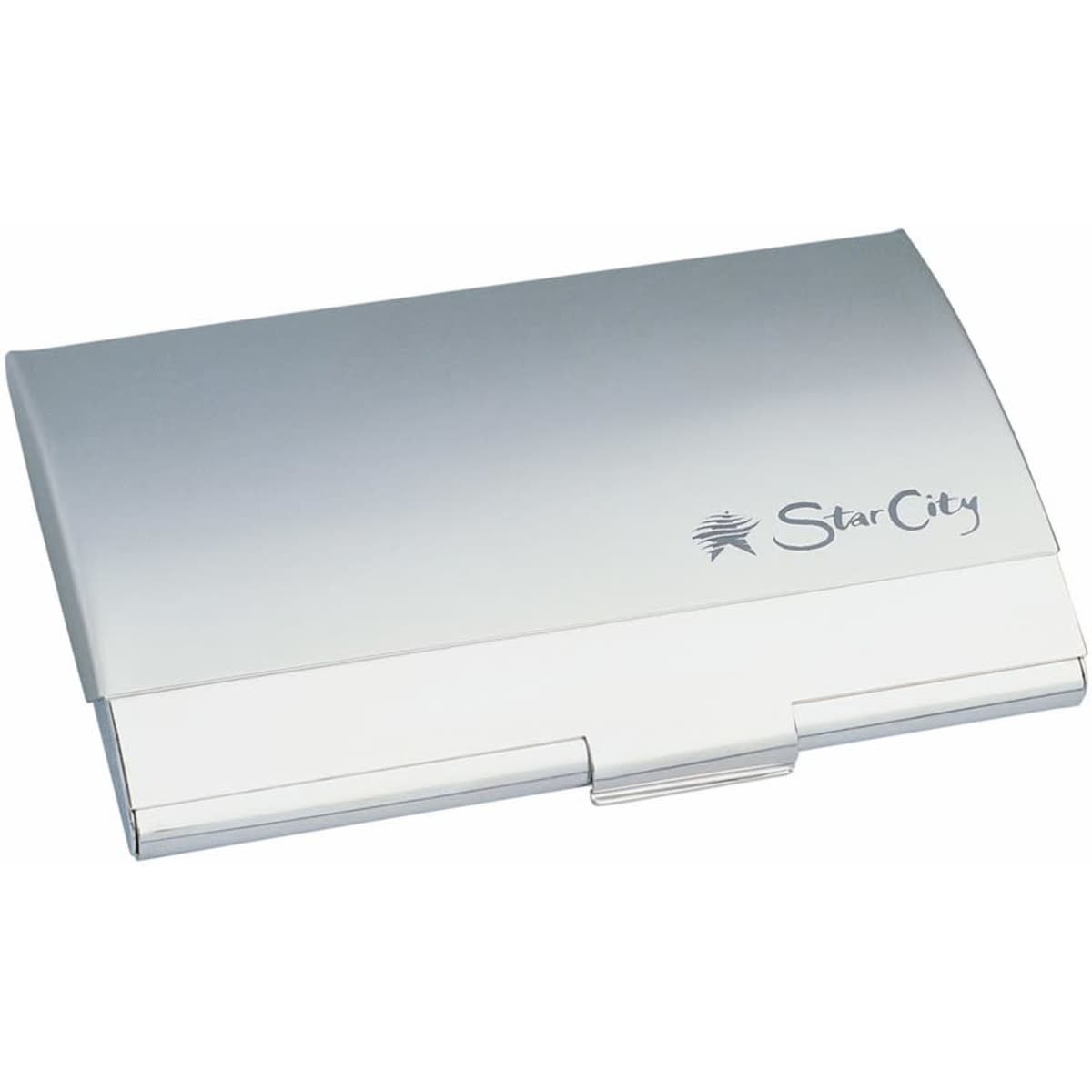 A sleek silver deluxe pocket business card holder with a logo on the surface. Ideal for storing business cards.