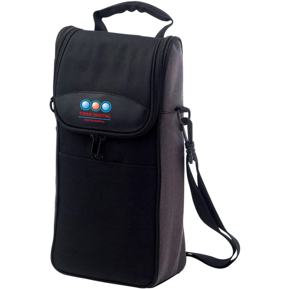 A drink bottle cooler bag in black, featuring a shoulder strap and a logo on the front.
