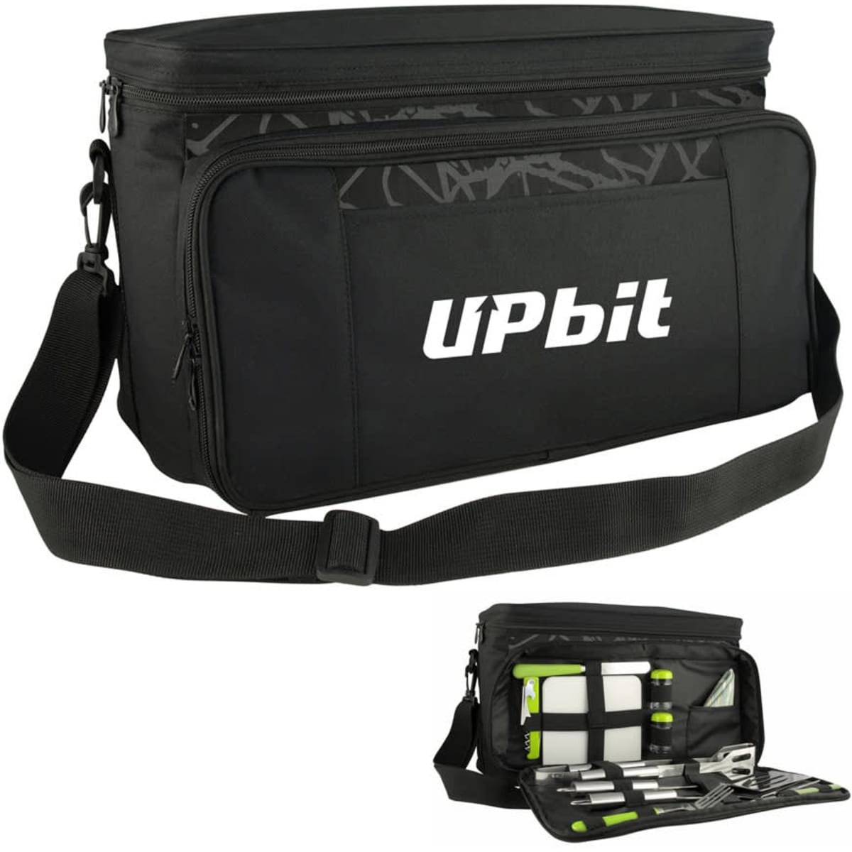 A black picnic bag with a shoulder strap, featuring compartments for utensils and tools, and a logo on the front.