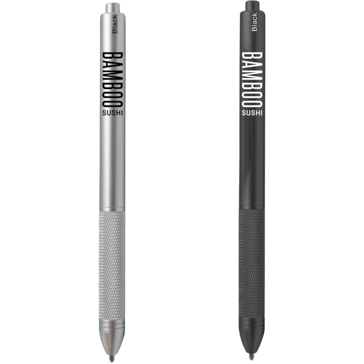 A metal pen set featuring a silver pen and a black pen, both with textured grips and branding.