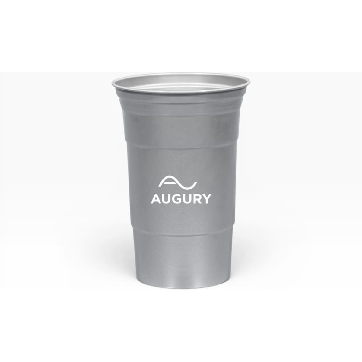 A drink cup made of recycled aluminium, featuring a sleek silver design and a logo on the front.