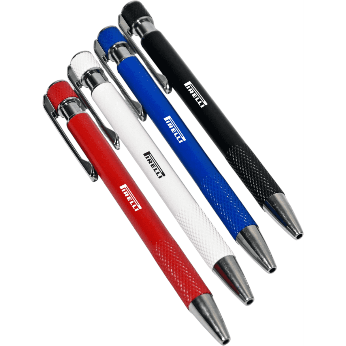 A set of four metal ball pens in red, blue, white, and black, featuring a textured grip and silver accents.