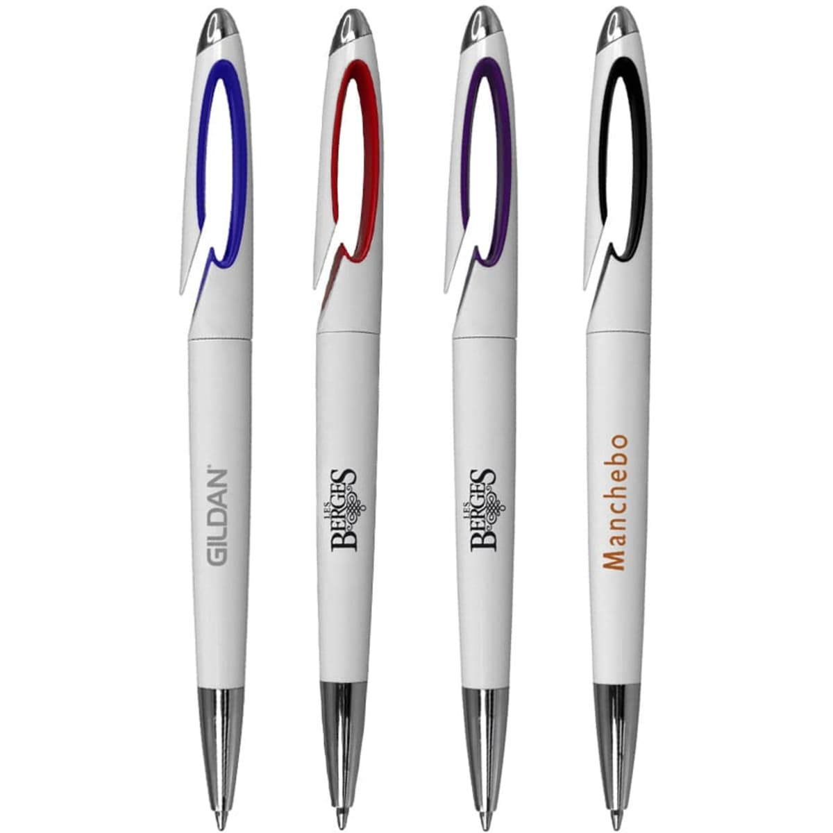 Four plastic pens in white with coloured accents in red, purple, and black. Each pen has a logo on it.