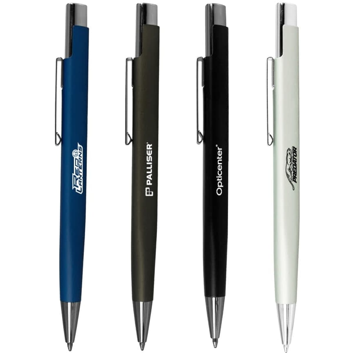 A collection of four metal pens in blue, olive green, black, and light grey, featuring various logos.