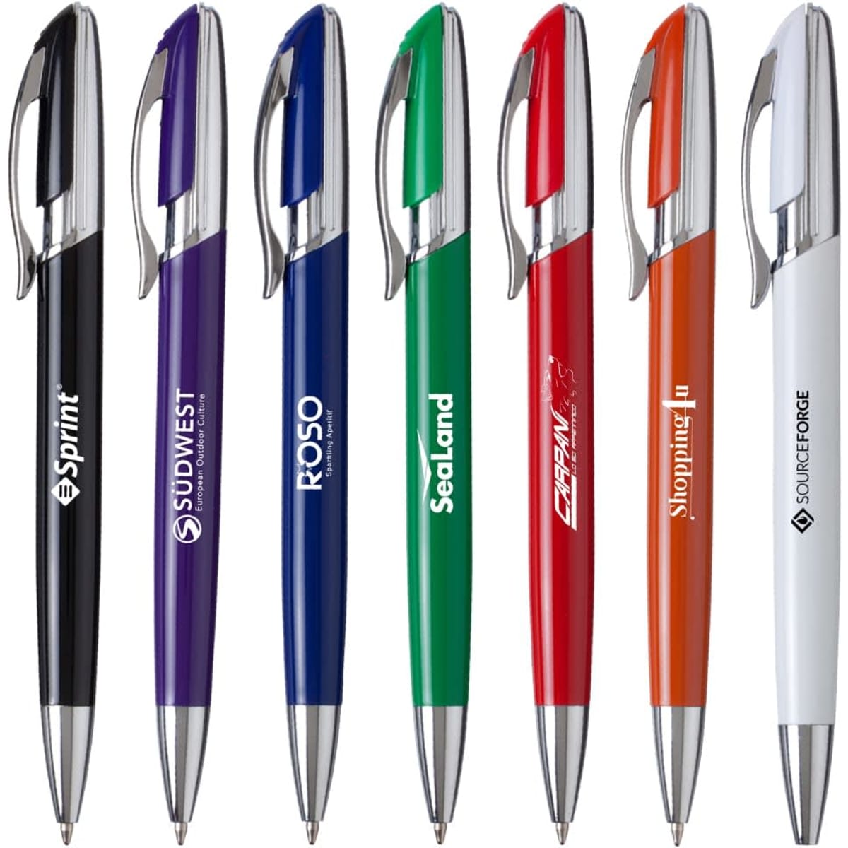 A collection of metal pens in black, purple, blue, green, red, orange, and white with silver accents, each featuring a logo.