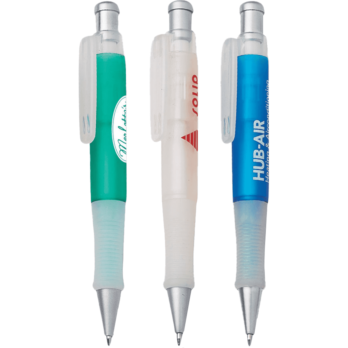 Three plastic pens are displayed: one green, one translucent white, and one blue, each with a clip and branding on the barrel.