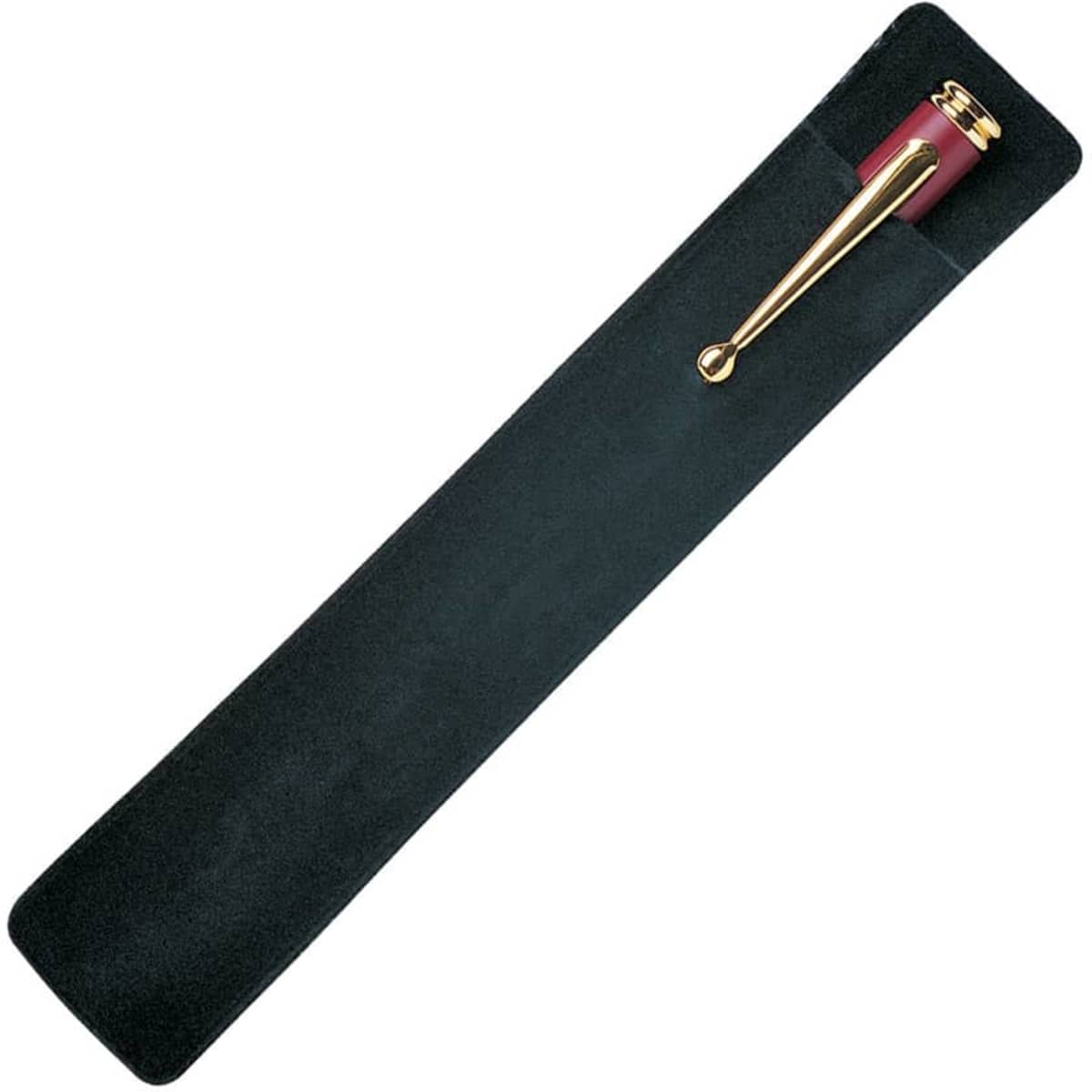 A black velvet pen pouch containing a gold and burgundy pen, featuring a logo.