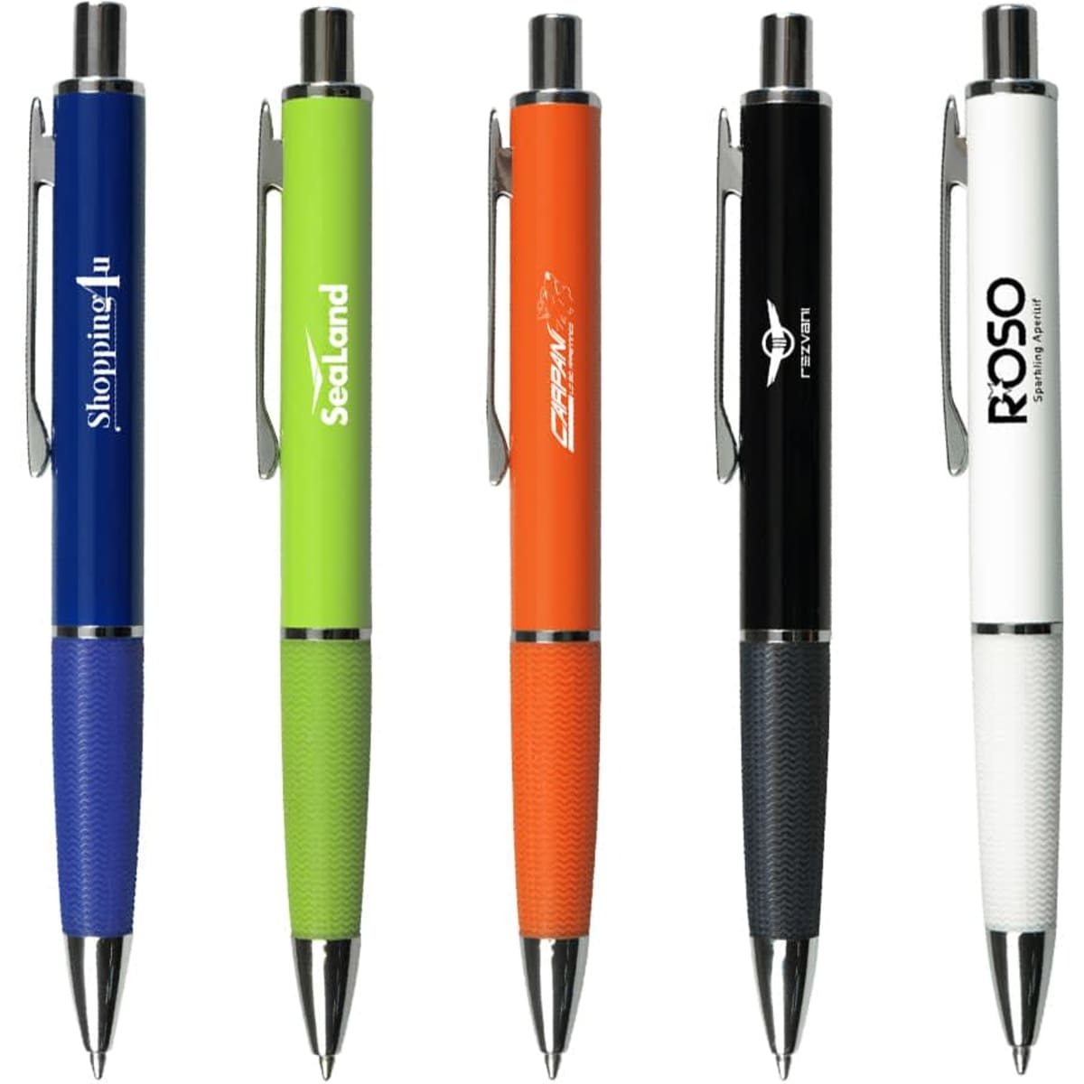 A collection of five metal pens in blue, green, orange, black, and white, each with a different logo or branding.