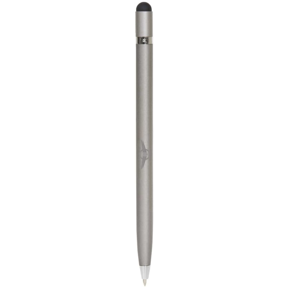A sleek silver metal pen with a stylus tip, featuring a logo and a smooth finish.