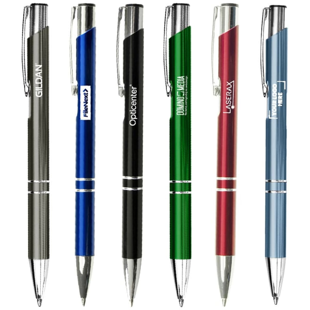 A selection of metal pens in silver, blue, black, green, red, and a pen with a logo.
