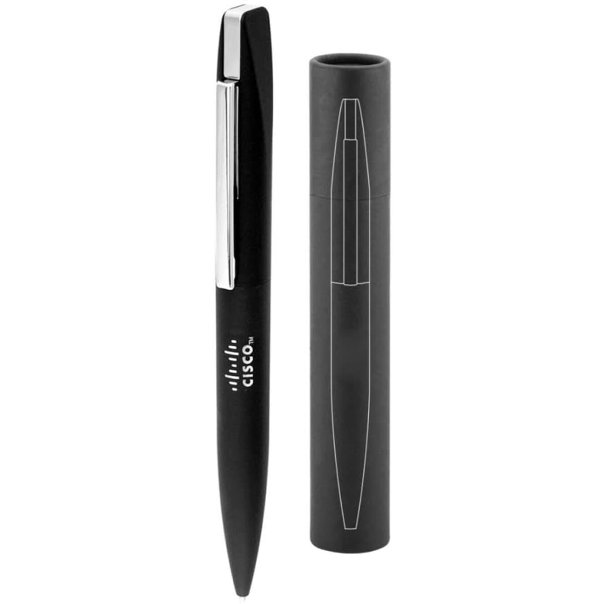 A black Slim Pen placed beside its matching black casing, featuring a silver clip and a logo.