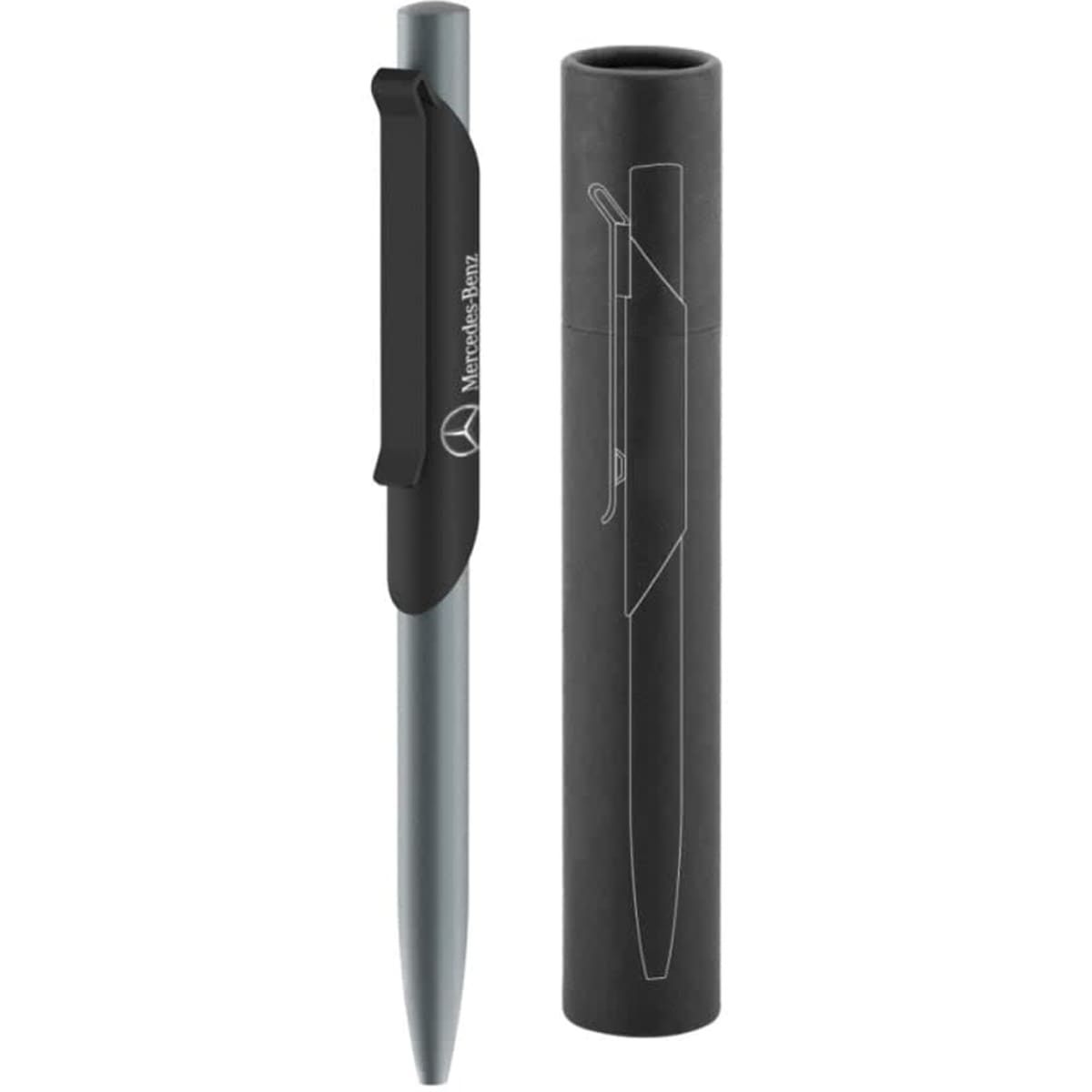 A metal pen in a sleek grey colour, displayed with a matching cylindrical casing. The pen features a clip and branding.
