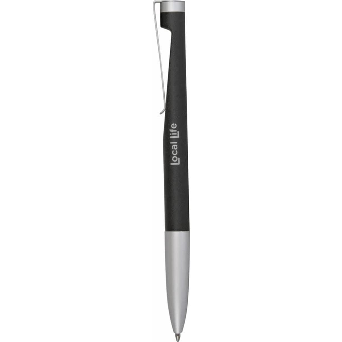 A black and silver metal pen with a clip and branding visible on the barrel.
