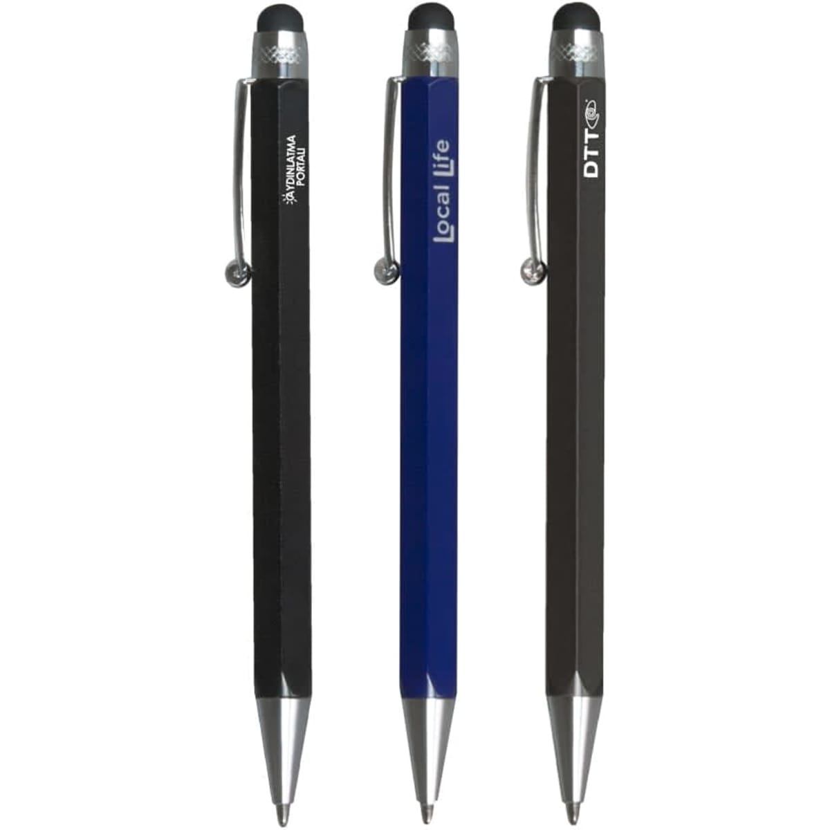 Three stylus pens in black, blue, and grey, each featuring a branding logo and a metal clip.