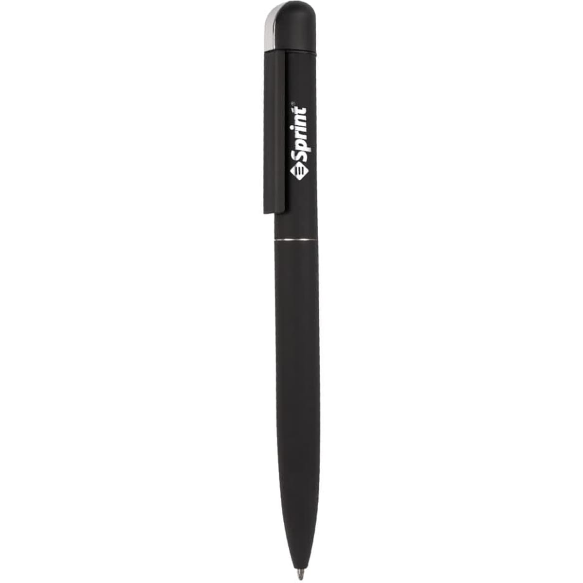 A black metal pen with a rounded top and a clip, featuring a logo on the side.