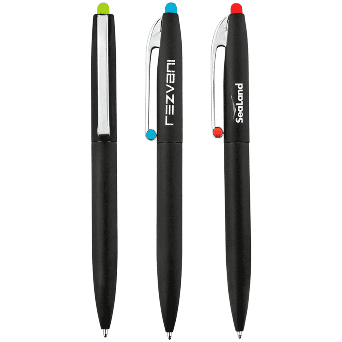 Three black pens with coloured accents: green, blue, and red. Each pen features a branding logo.
