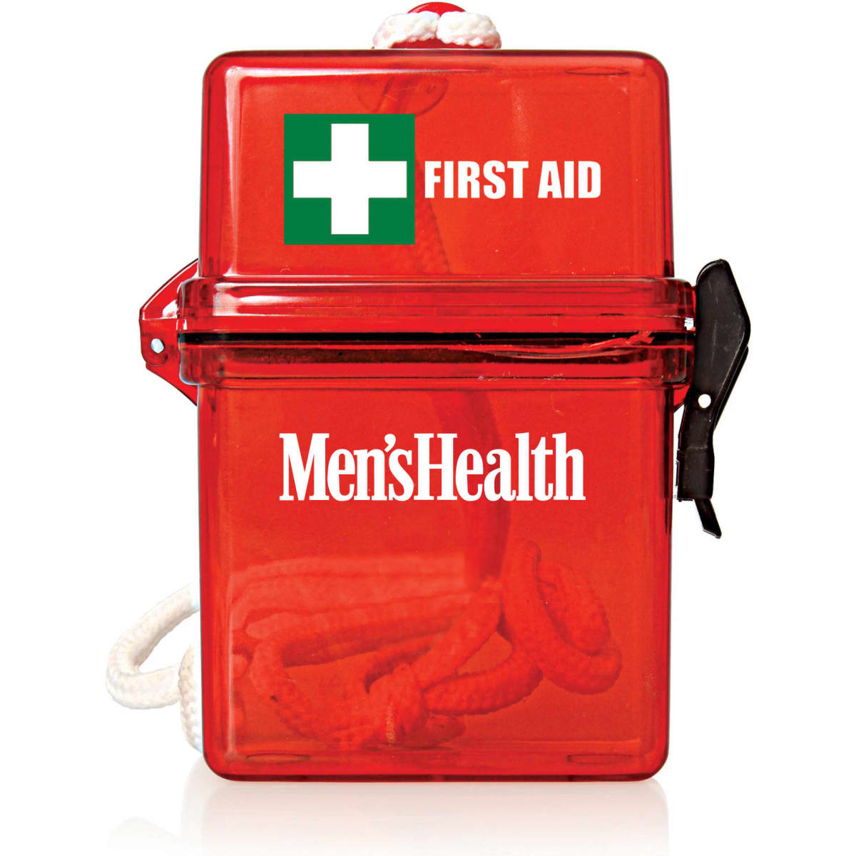 A red waterproof first aid kit featuring a white cross and a logo, containing various medical supplies.