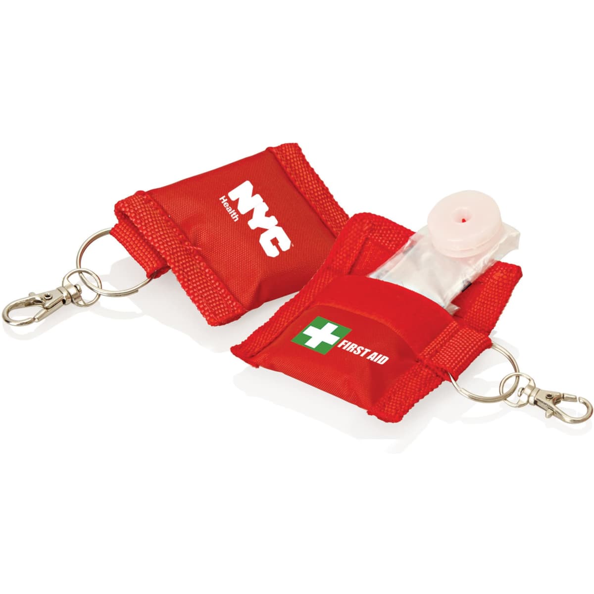 A red keyring featuring a small pouch containing a CPR mask, with a logo on one side.