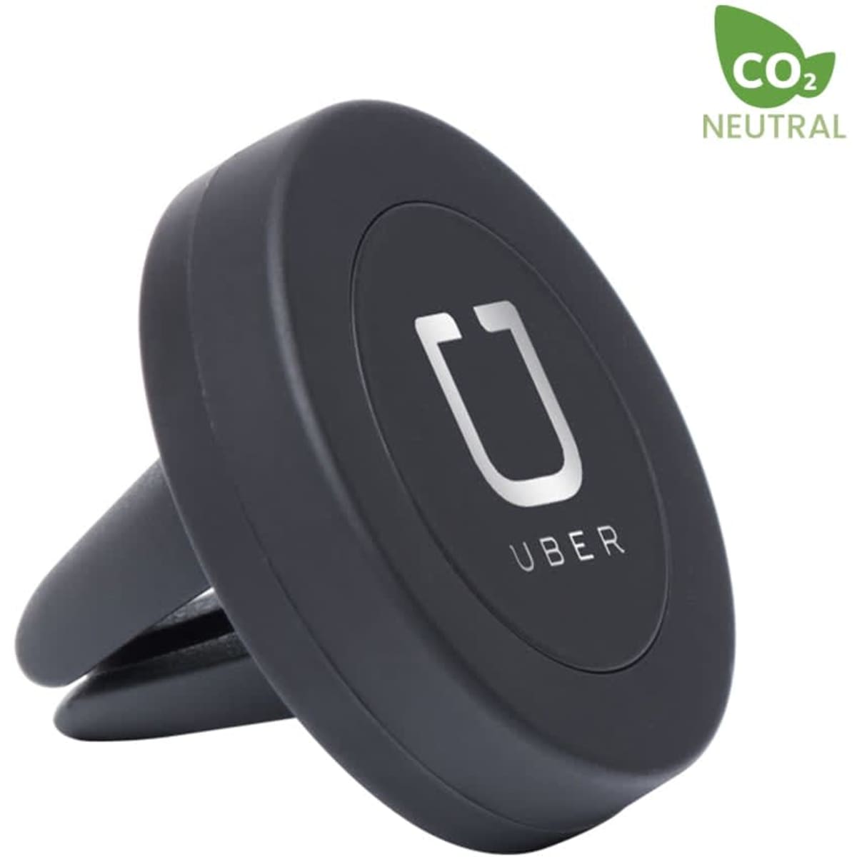 A round black car phone holder with a holder clip and a logo in the centre. Features a CO2 neutral badge.