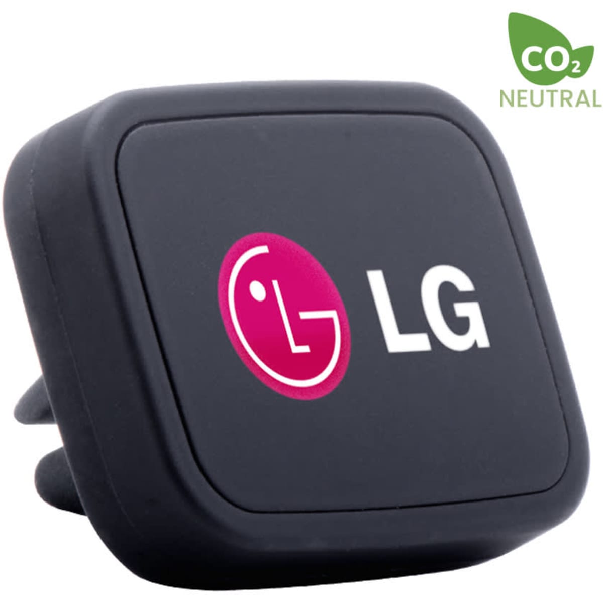 A rectangular black car phone holder with a logo, featuring an eco-friendly symbol in the corner.