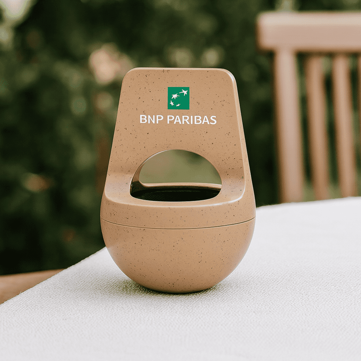 A wireless speaker in plant fibre, featuring a rounded design with a light brown colour and a logo on the front.
