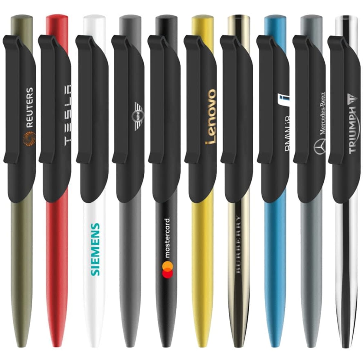 A collection of metal ballpoint pens in various colours, featuring black clips and branding on some.