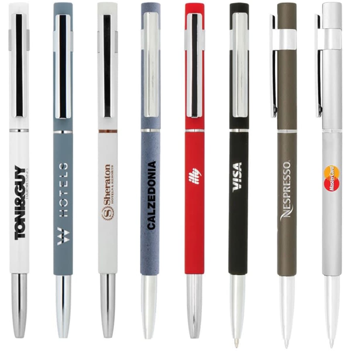 A range of slim metal pens in various colours, featuring different logos and sleek designs.