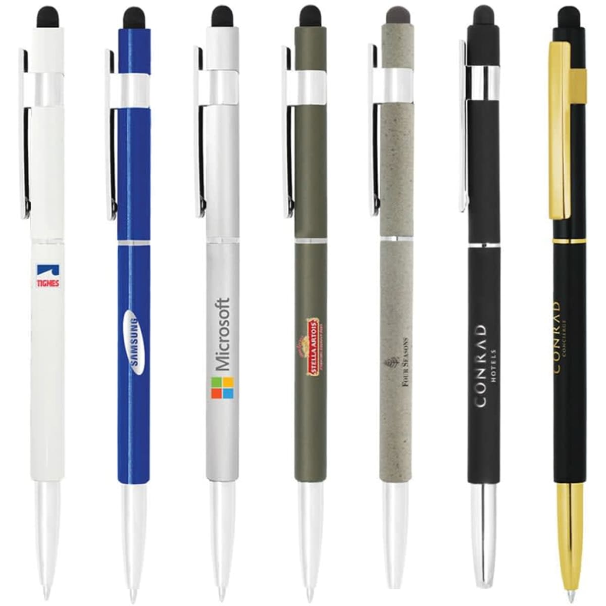 A selection of stylus hex pens in various colours including white, blue, green, grey, black, and gold, featuring different designs.