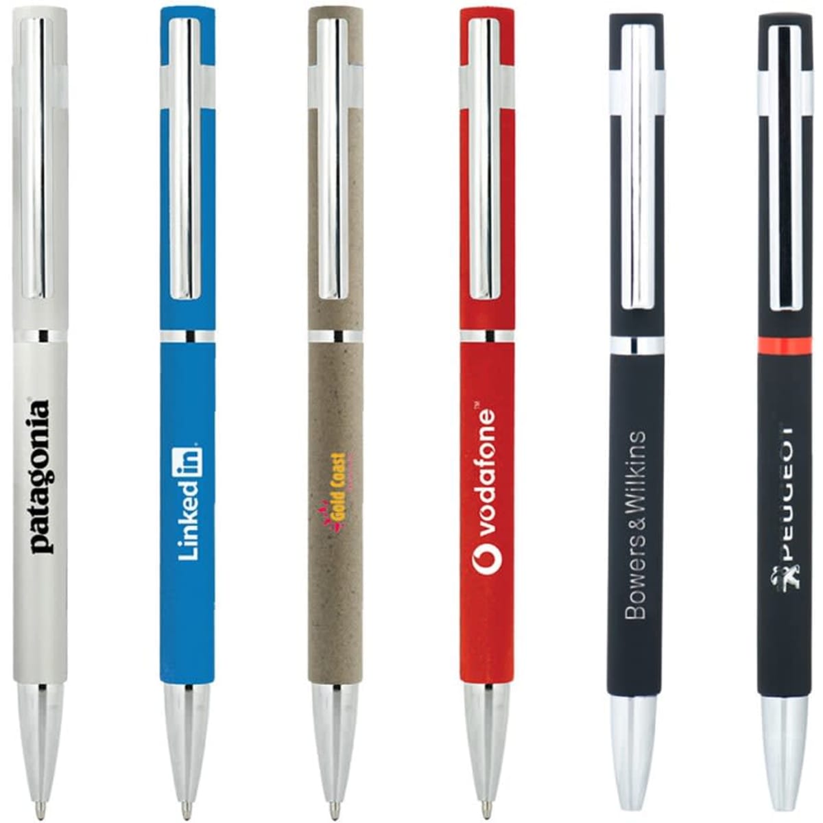 A collection of slim metal pens in silver, blue, brown, red, black, and textured finishes, featuring various logos.
