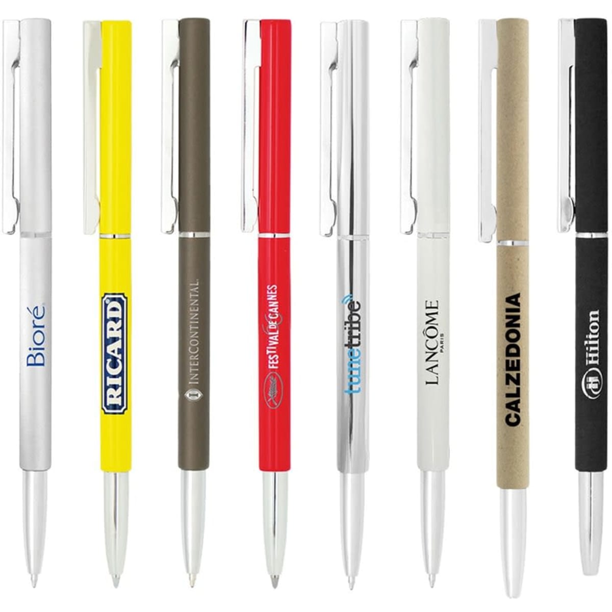 A collection of metal ball pens in various colours, featuring different logos and branding, displayed side by side.