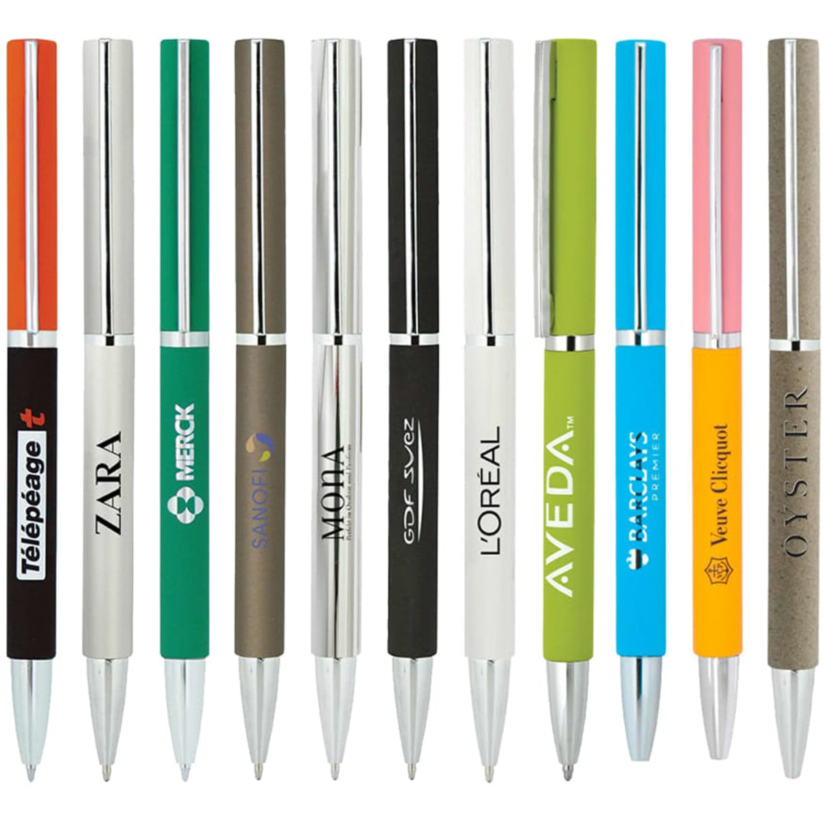 A collection of metal pens in various colours, some with branding and a shiny silver finish on the tips.