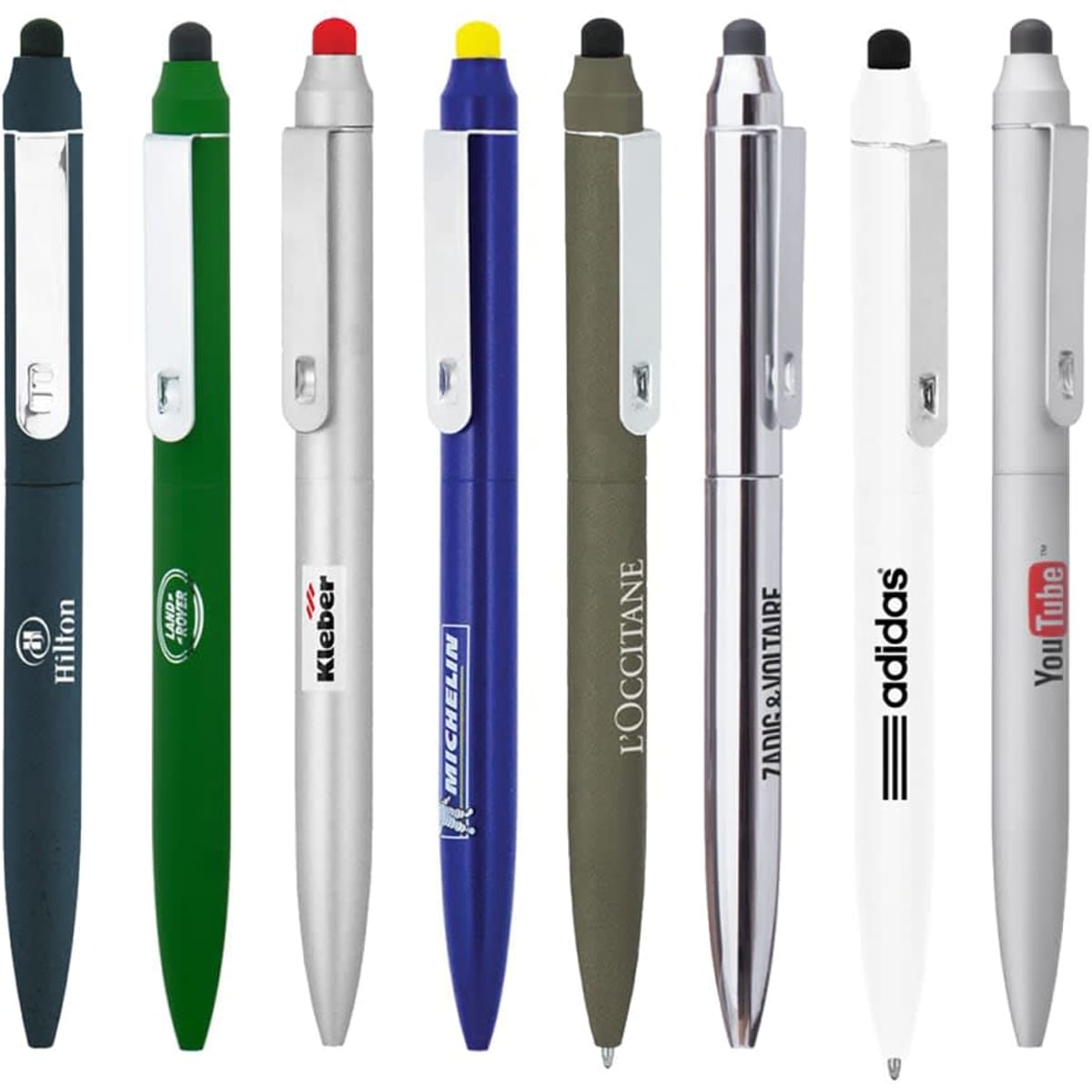 A collection of various metal pens in different colours, featuring branding on some.