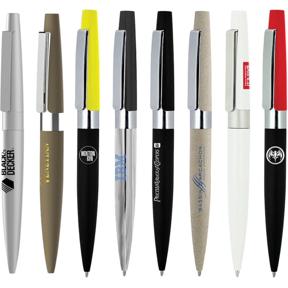 A collection of eight metal ballpoint pens in various colours, featuring a logo on some models.