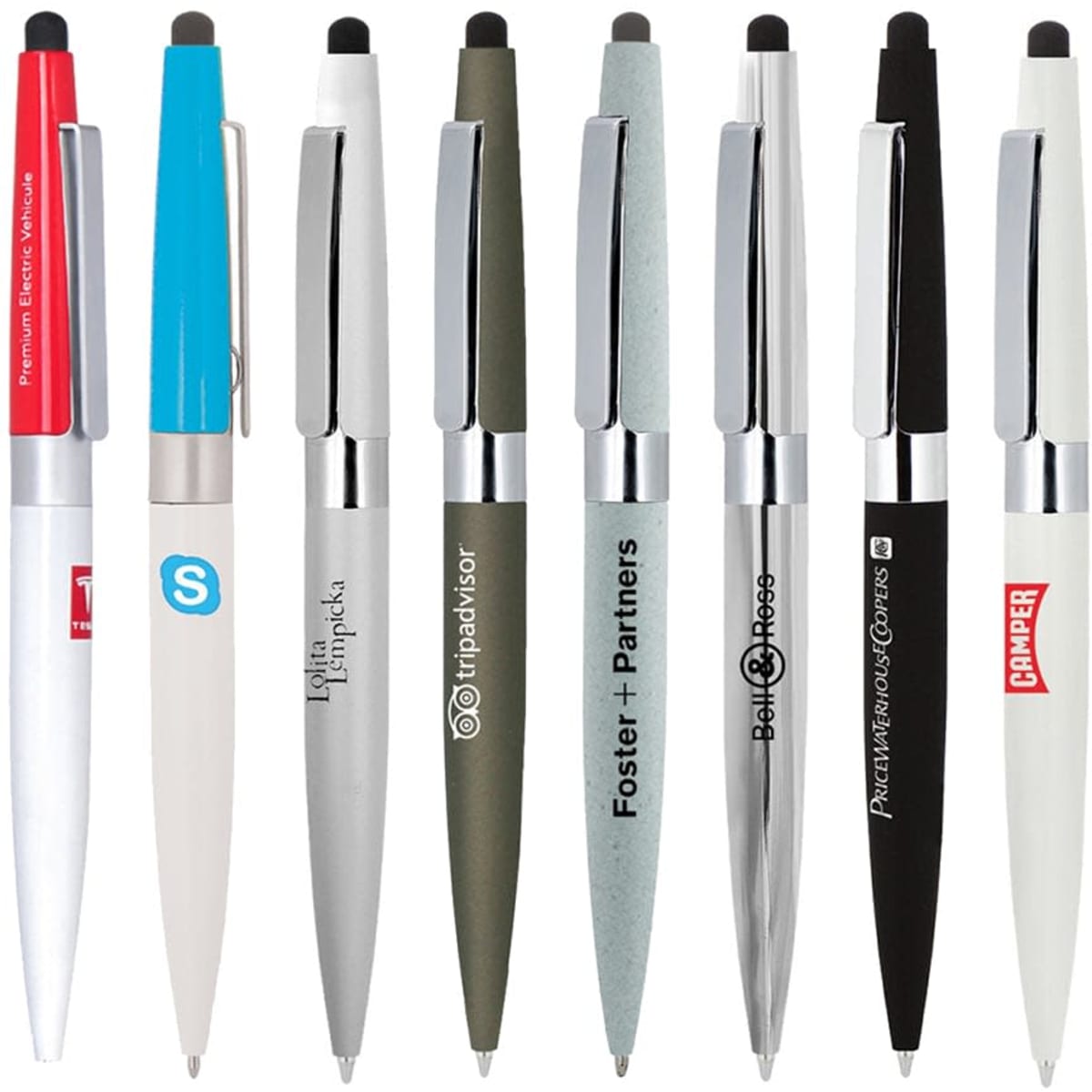 A collection of metal ballpoint pens in various colours, featuring stylus tips and branded logos.
