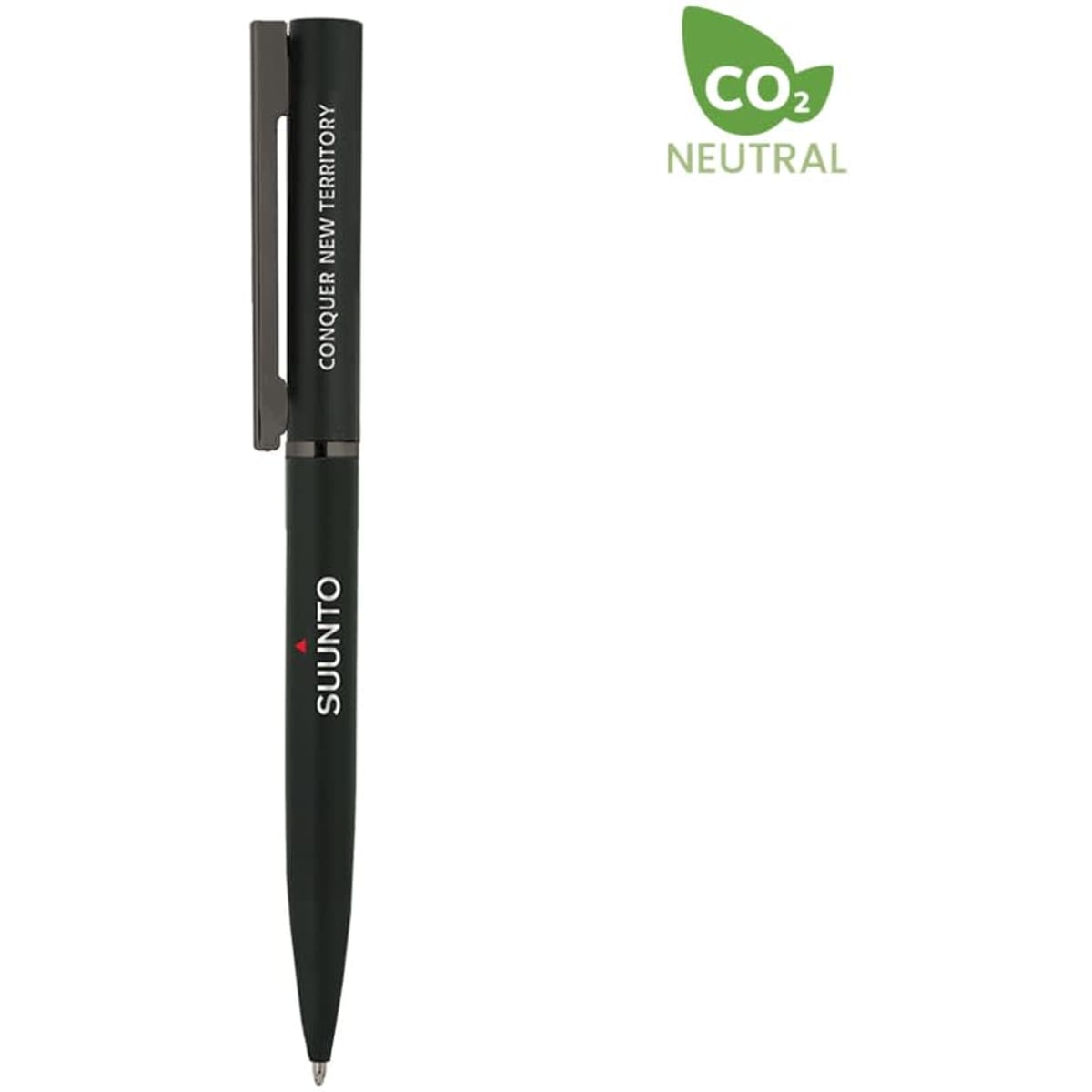 A metal pen in black with a clip and a logo. The pen features a sleek design and is CO2 neutral.