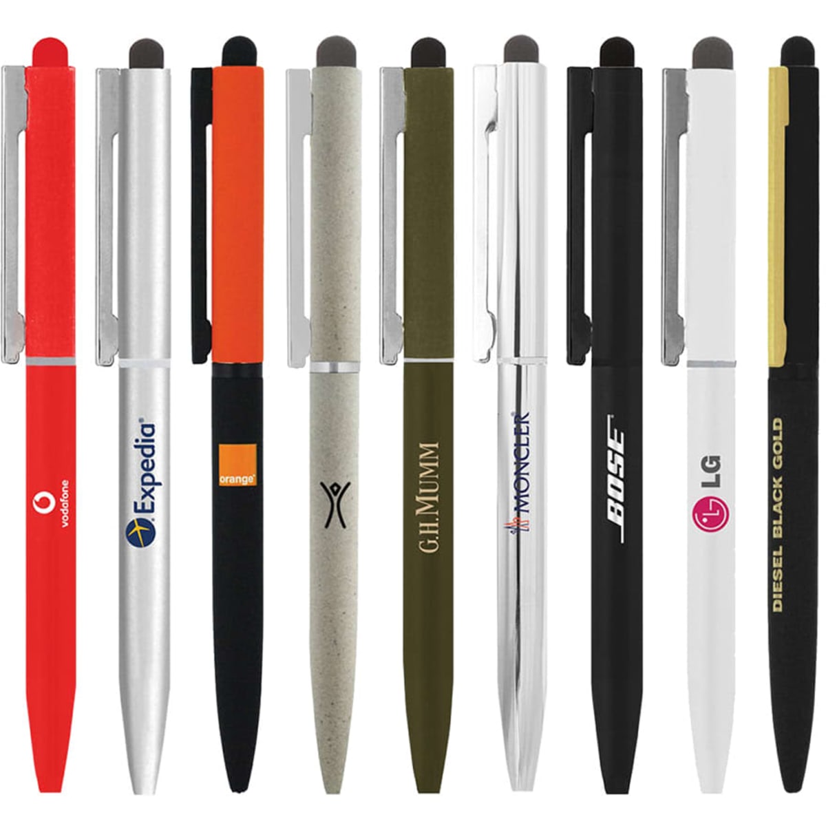 A collection of metal ballpoint pens in various colours, featuring different finishes and designs, each with a clip and some logos.