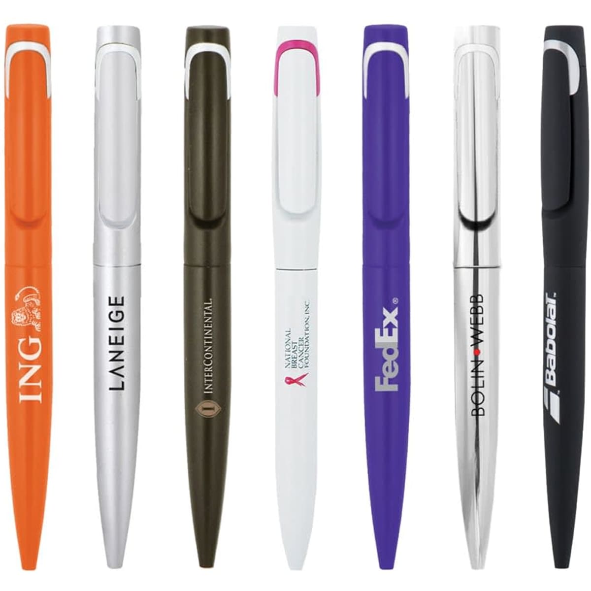 A collection of metal ballpoint pens in various colours, including orange, olive green, white, purple, silver, and black, featuring logos.