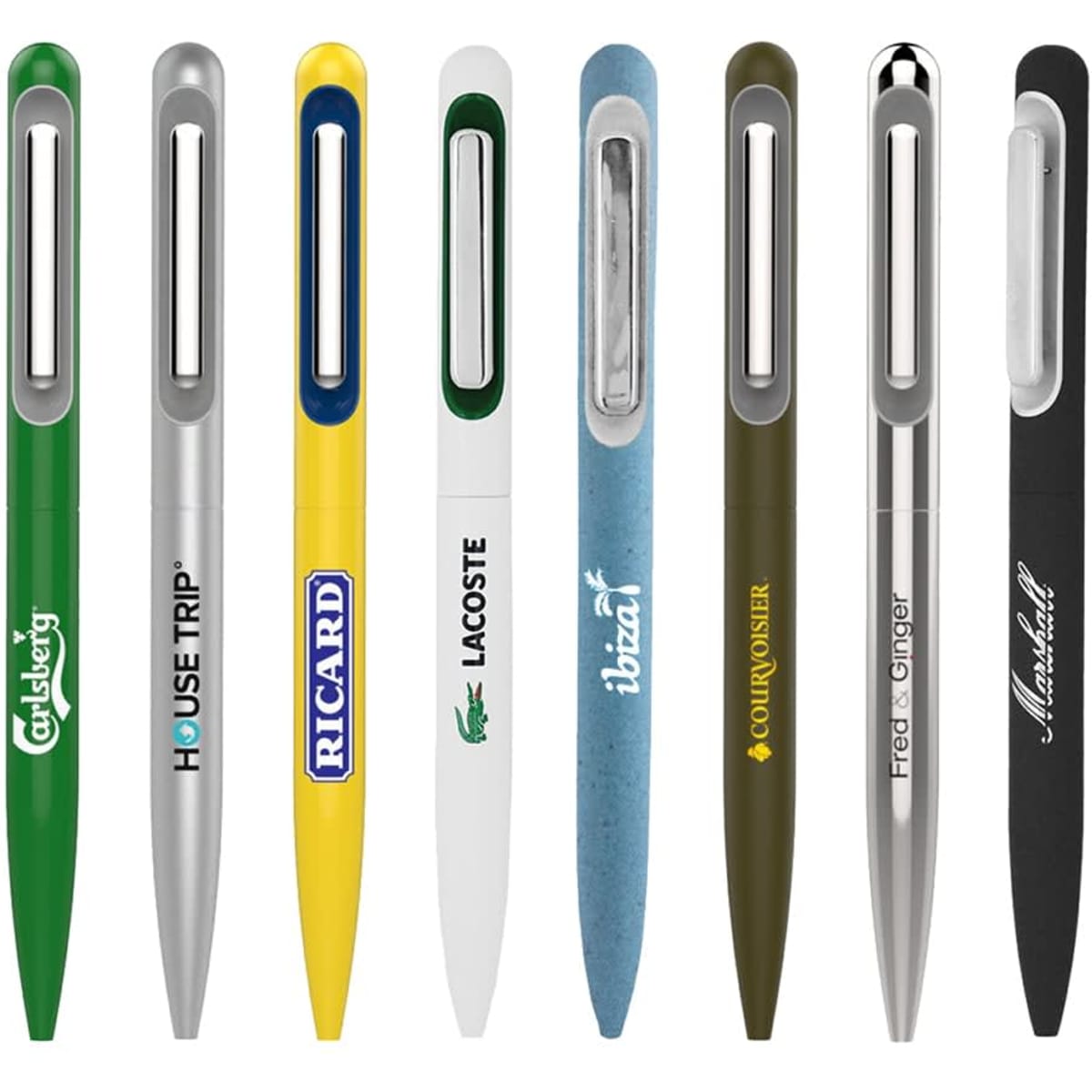 A collection of metal pens in various colours, featuring different designs and a logo on some.