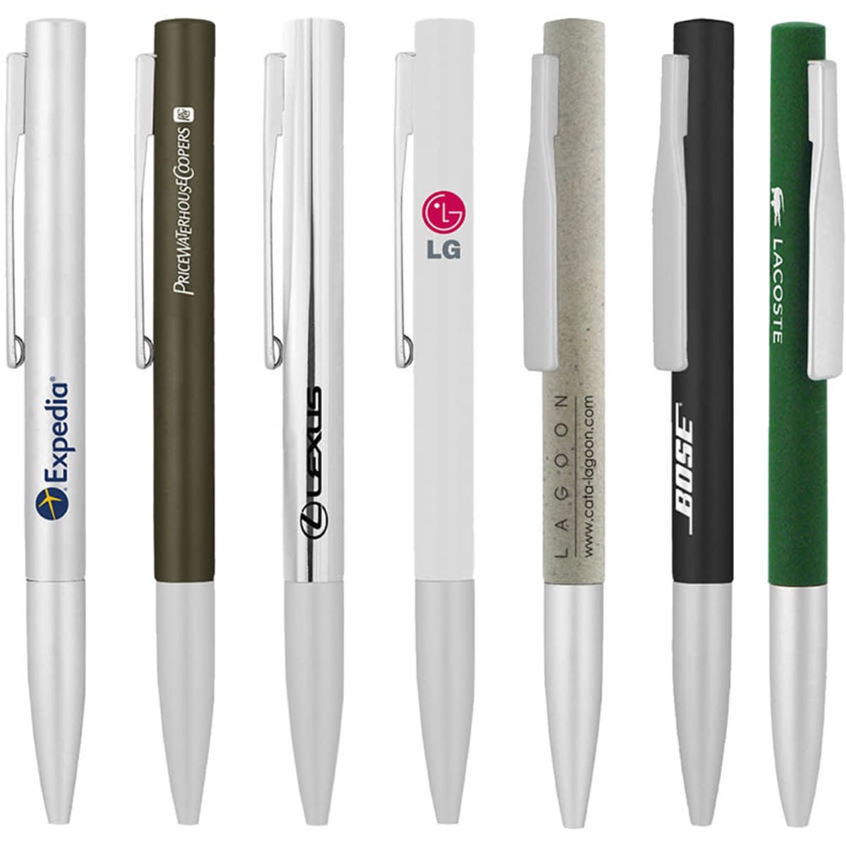 A collection of metal ball pens in various colours, featuring silver, green, grey, and black bodies with branding.