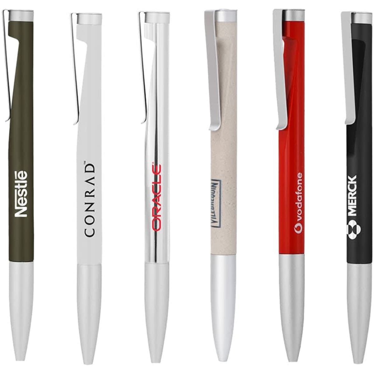 A collection of six metal ballpoint pens in various colours including olive green, white, silver, beige, red, and black, with branding.