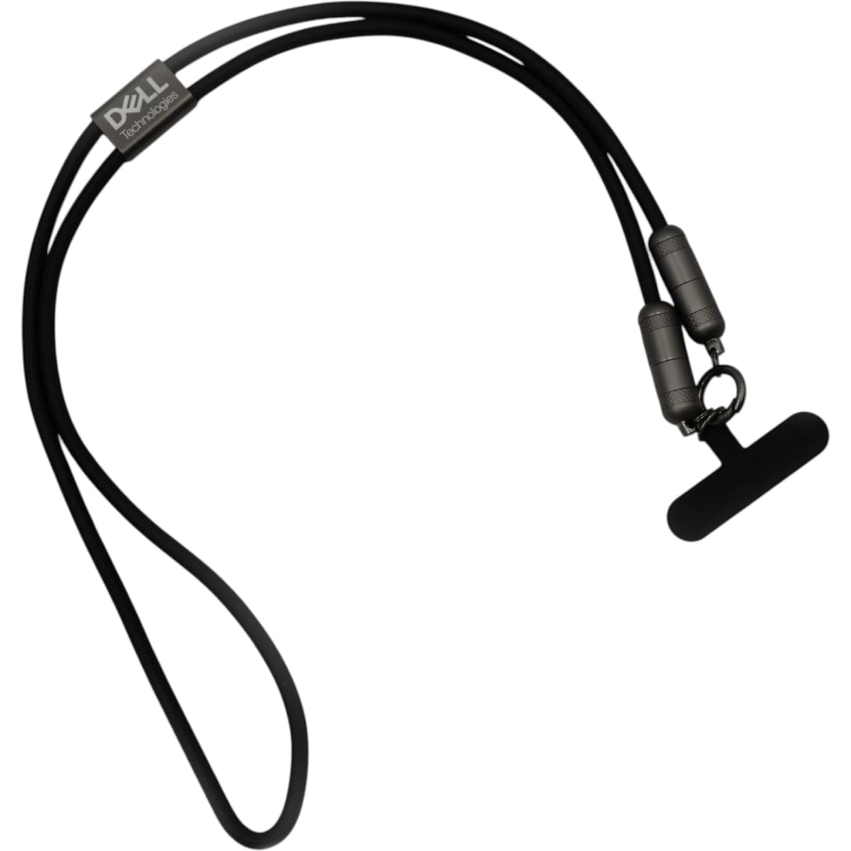A black charging lanyard with two grey ends, featuring a logo at the top.