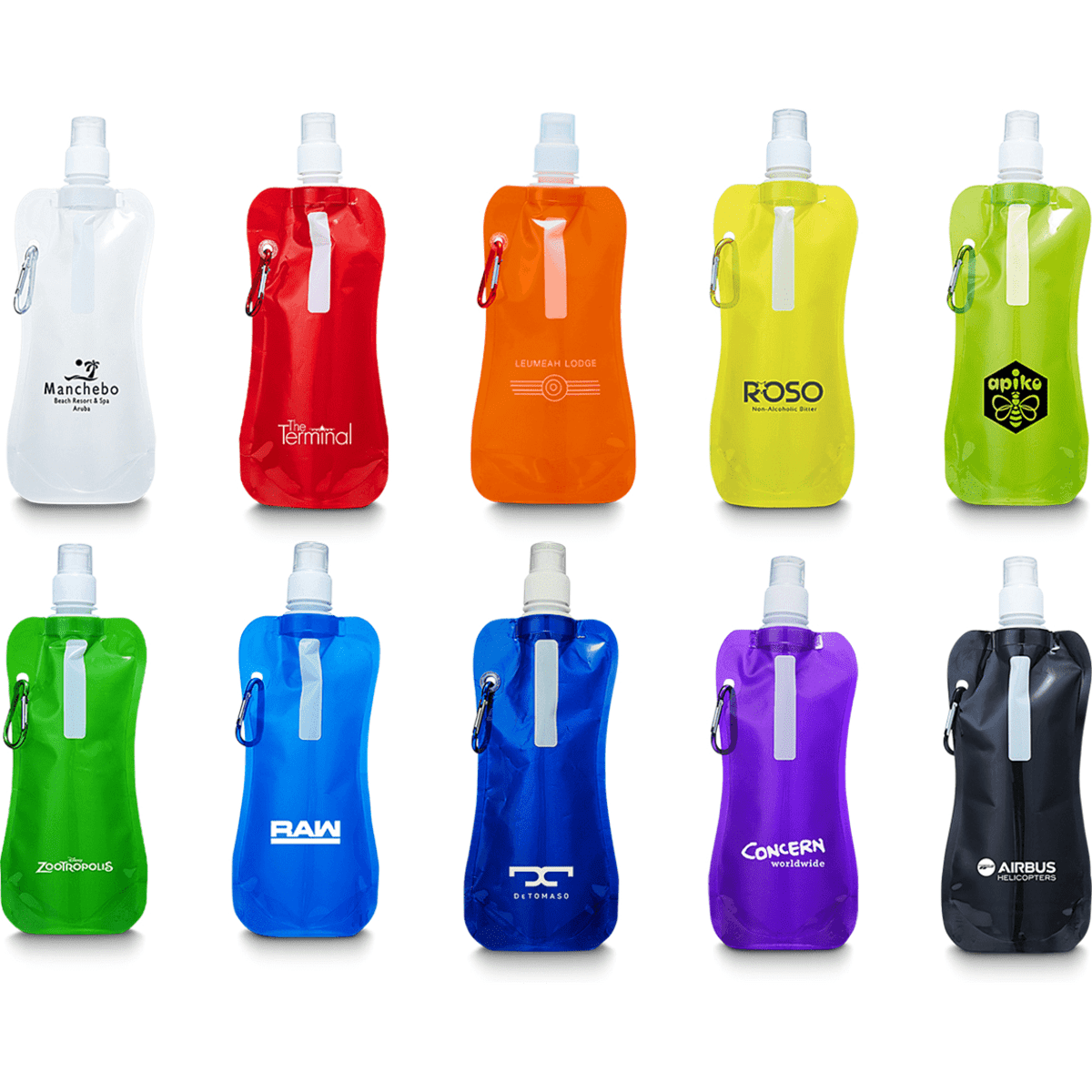 A collection of colourful water pouches in various shades, including red, yellow, green, and black, each with a logo.