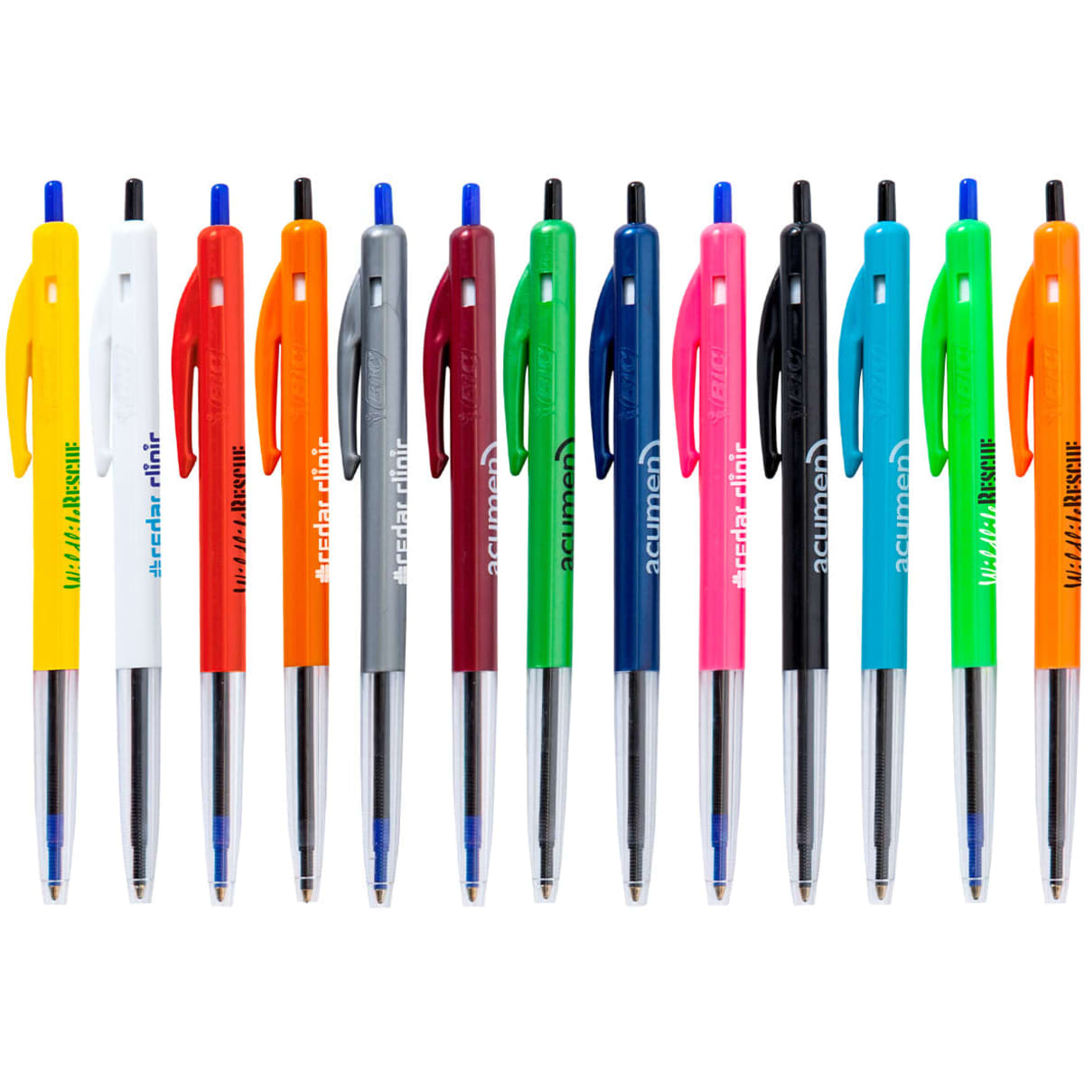 A collection of plastic Clic Pens in various colours, featuring a logo, with retractable mechanisms and silver tips.