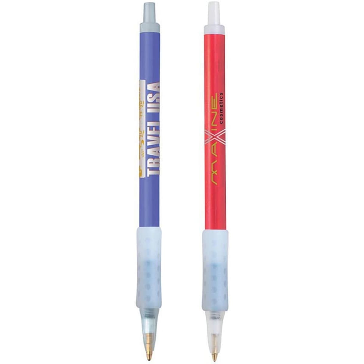 Two plastic pens feature a blue pen with a light blue grip and a red pen with a similar grip. Both have branding.