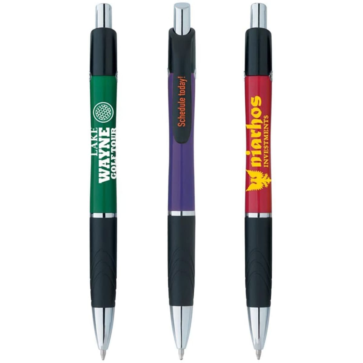 Three pens in green, purple, and red, featuring distinct branding and black grips, arranged horizontally.