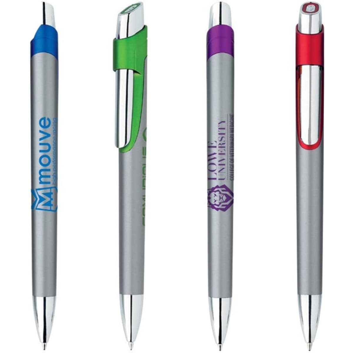 Four metal pens in silver and various colours with clips, featuring different logos.