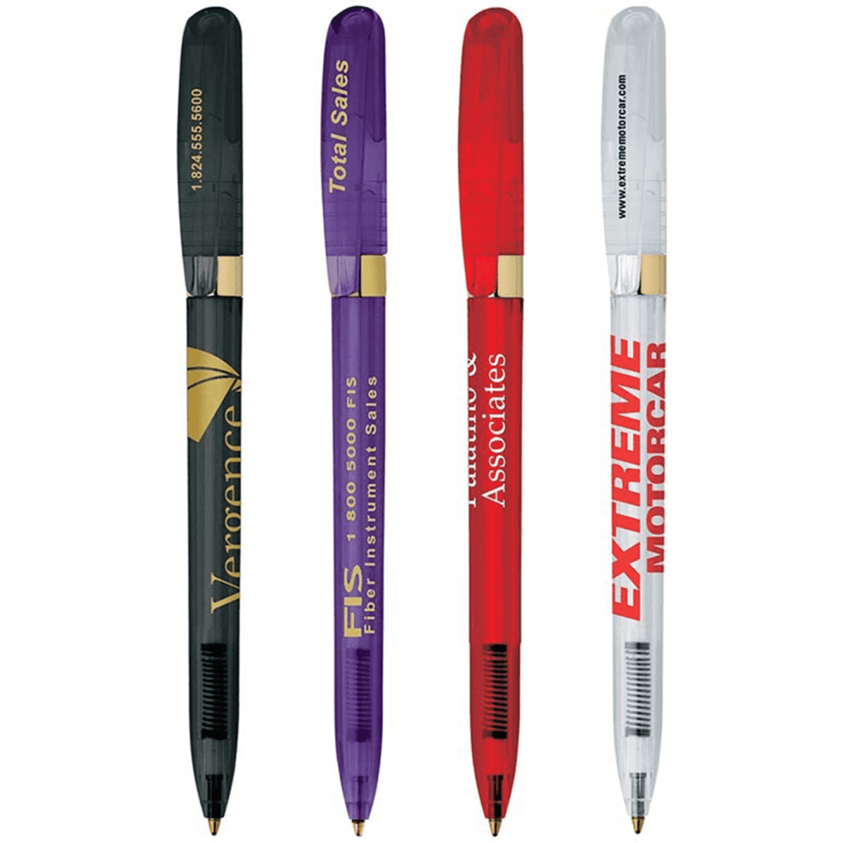 A collection of four metal pens in black, purple, red, and silver with various logos.