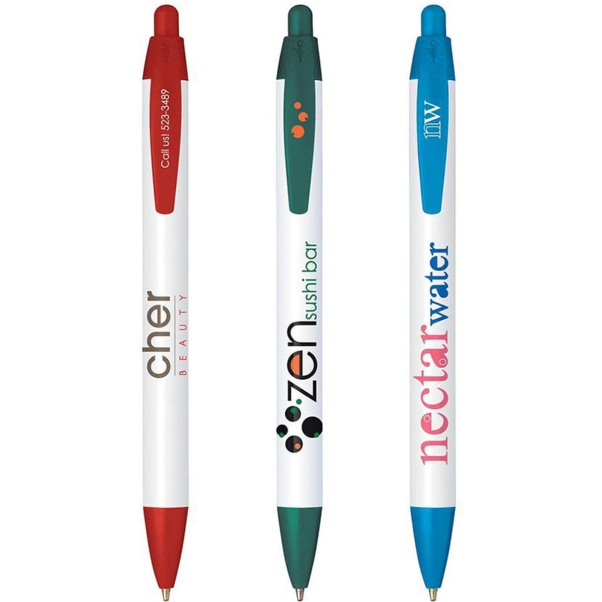Three widebody custom pens in red, green, and blue, featuring branding on each pen and a white barrel.