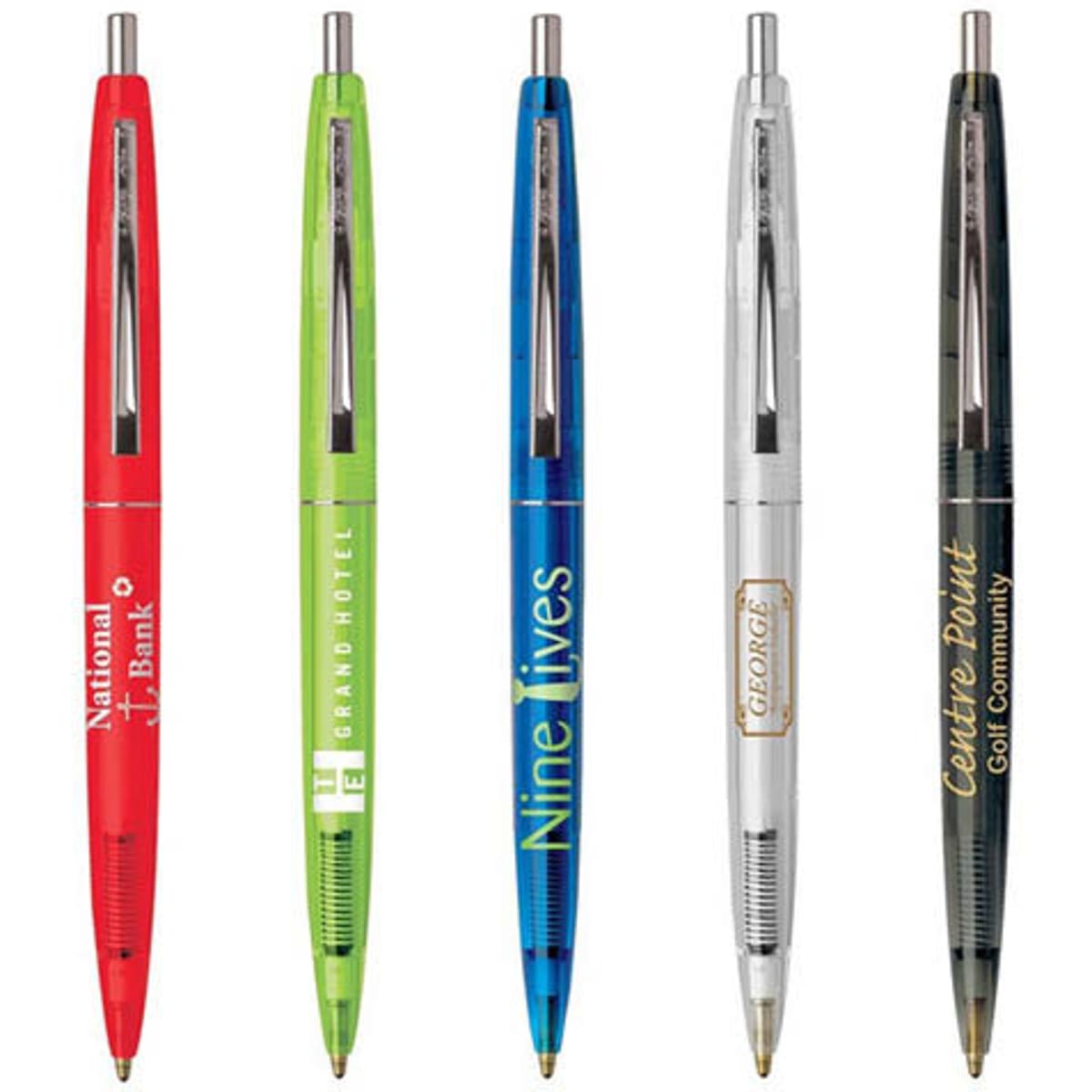 A collection of five plastic pens in red, green, blue, silver, and black, each featuring a logo or branding.