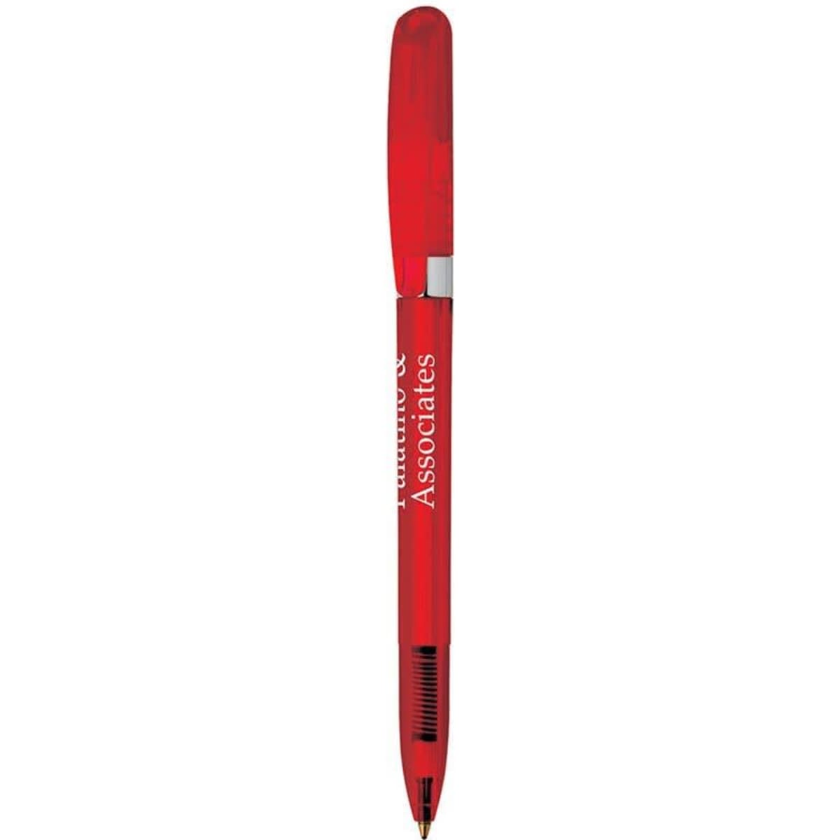A red metal pen with a clear chrome grip and a clip, featuring branding on its body.